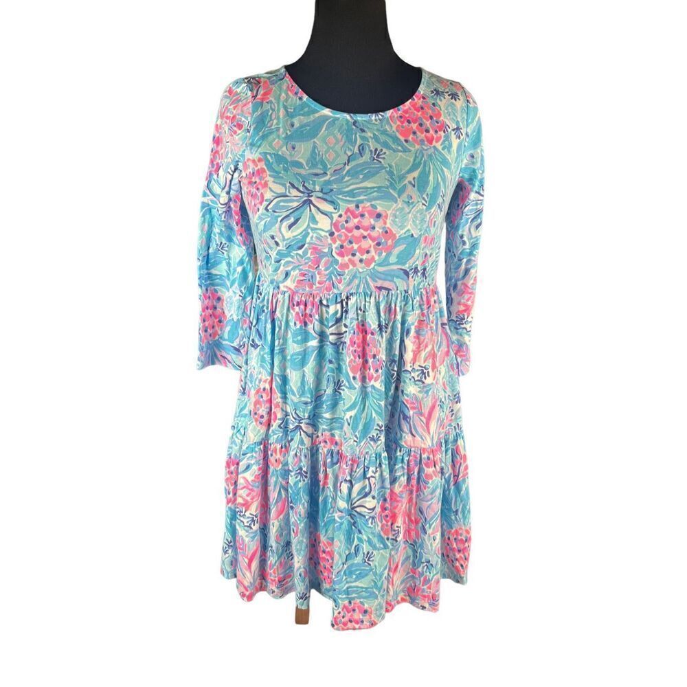 Lilly Pulitzer Geanna swing tiered small dress funky bright blue pink print